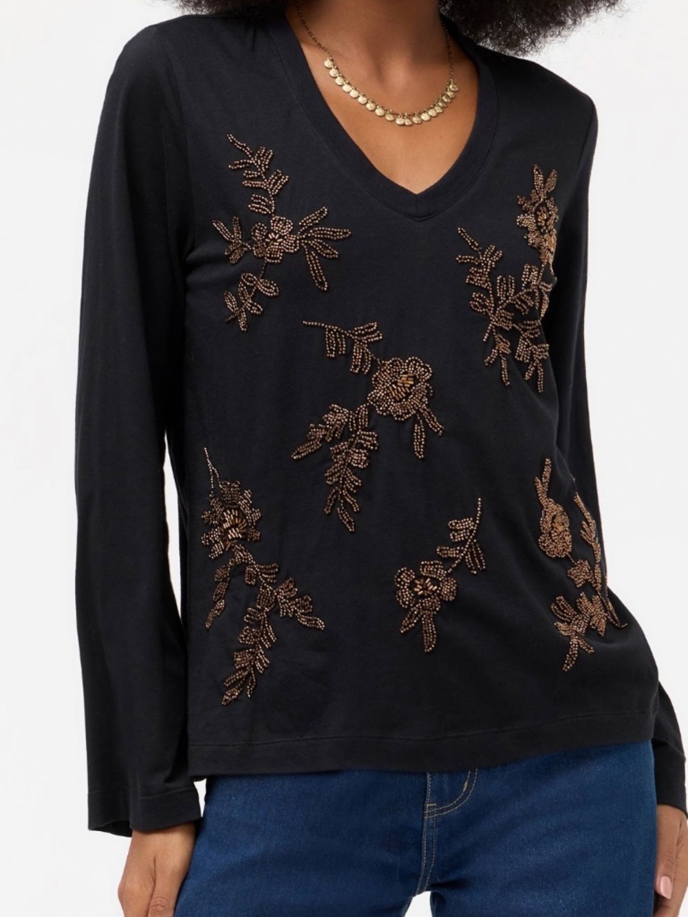 NWT Johnny Was Femke XS Beaded Black Long Sleeve Top Blouse NEW WITH TAGS V-Neck